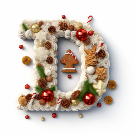 Volumetric capital letter D, decorated in a festive Christmas and New Year style. Christmas tree decorations, balls, pine cones, tinsel. Mockup for Christmas banner or background. Isolated on white.の素材