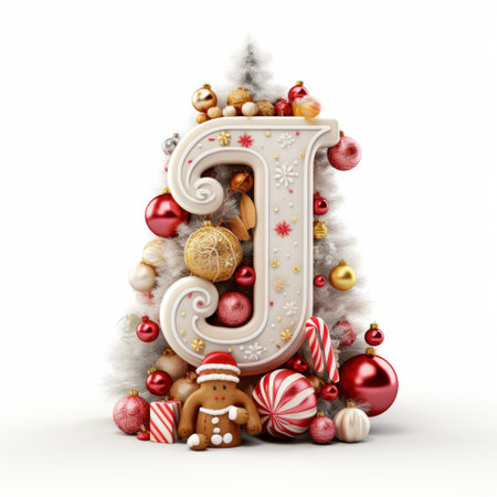 Volumetric capital letter J, decorated in a festive Christmas and New Year style. Christmas tree decorations, balls, pine cones, tinsel. Mockup for Christmas banner or background. Isolated on white.の素材