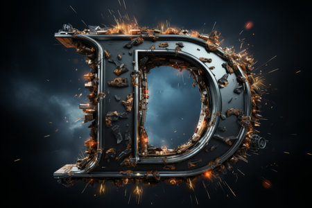 Volumetric capital letter D made of metal. Effect of metal heated for forging, with flames and smoke. Workpiece for spectacular 3D text. Mockup. Isolated on black.の素材