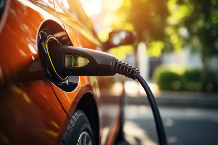 Close-up of power supply plugged into an electric car being charged. Electric vehicle charging in a parking lot with EV charging station on city street. Sustainable energy concept.の素材