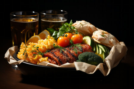 Still life with fast food menu made from organic farm products. Fried meat, potato fries, fresh tomatoes, cucumbers and broccoli, glasses with beer or lemonade. Black background.の素材