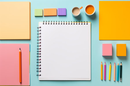 Business stationery on blue trending background. Notepad, colorful stickers, pens, pencils, a cup of coffee. Top view, flat lay. Mockup, copy space.の素材