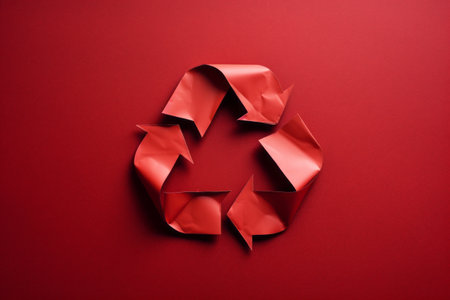 3D recycle symbol made of red recycling paper isolated on the red monochrome background. Ecology and environmental protection concept. Mockup, copy space.の素材