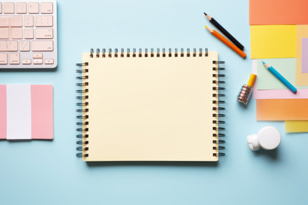 Business stationery on blue trending background. Notepad, colorful stickers, pens, pencils, computer keyboard, indoor plants, a cup of coffee. Top view, flat lay. Mockup, copy space.の素材