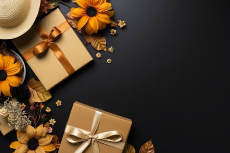 Top view of gift boxes, flowers and decorations on the black background. Cyber Monday, Black Friday, Christmas sale background with copy space. Online holiday shopping concept.の素材