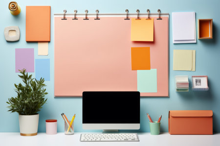 Business stationery on a white table against the blue wall. Wall flip chart, desktop computer, colorful stickers, pens, pencils, indoor plant. Mockup, copy space.の素材