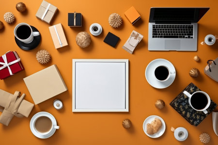 Top view of poster mockup, laptop, gift boxes, decorations and cups of coffee on yellow background. Cyber Monday, Black Friday sale background with copy space. Online holiday shopping concept.の素材