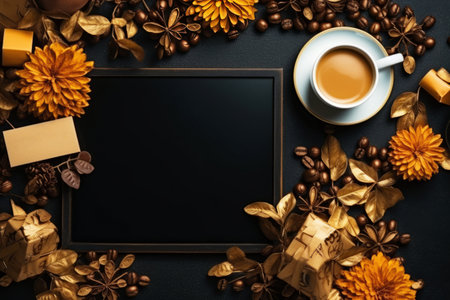 Top view of poster mockup, cup of coffee and autumn decorations on the black background. Cyber Monday, Black Friday, Christmas sale background. Online holiday shopping concept.の素材