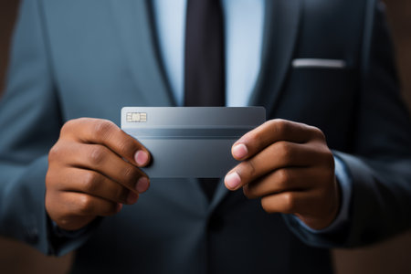 Cropped portrait of a businessman in a dark formal suit and tie, holding a bank card in his hand in front of him. Successful entrepreneur uses a credit card. Cashless payment concept. Mockup.の素材