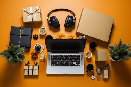 Top view of laptop, headphones, gift boxes and cups of coffee on yellow background. Cyber Monday, Black Friday, Christmas sale background with copy space. Online holiday shopping concept.の素材
