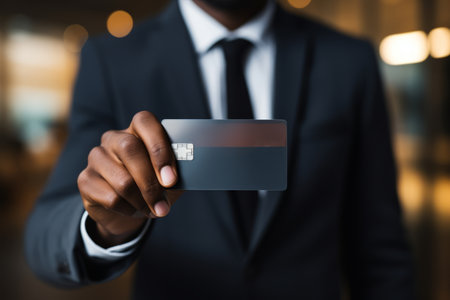 Cropped portrait of a businessman in a dark formal suit and tie, holding a bank card in his hand in front of him. Successful entrepreneur uses a credit card. Cashless payment concept. Mockup.の素材