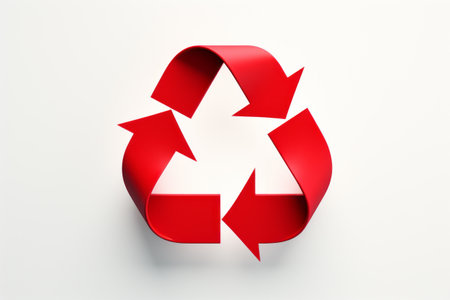 3D recycle symbol made of red recycling plastic isolated on the white monochrome background. Ecology and environmental protection concept. Mockup, copy space.の素材