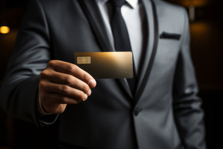 Cropped portrait of a businessman in a dark formal suit and tie, holding a bank card in his hand in front of him. Successful entrepreneur uses a credit card. Cashless payment concept. Mockup.の素材