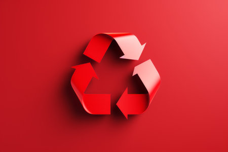 3D recycle symbol made of red recycling plastic isolated on the red monochrome background. Ecology and environmental protection concept. Mockup, copy space.の素材