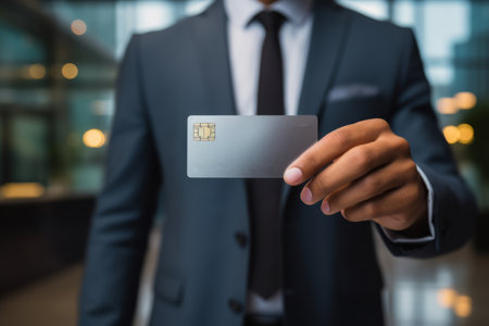 Cropped portrait of a businessman in a dark formal suit and tie, holding a bank card in his hand in front of him. Successful entrepreneur uses a credit card. Cashless payment concept. Mockup.の素材
