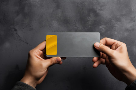 Close-up of male hands holding yellow bank credit card. Online payment concept. Isolated on grey background. Mockup, copy space.の素材