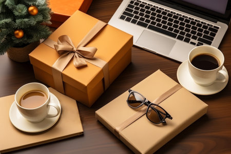 Top view of open laptop, gift boxes wrapped with ribbons, glasses and cups of coffee on the table. Cyber Monday, Black Friday, Christmas sale background. Online holiday shopping concept.の素材