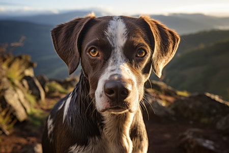 A beautiful dog lies on the ground against the background of nature in the rays of the setting sun. A walk with pets.の素材