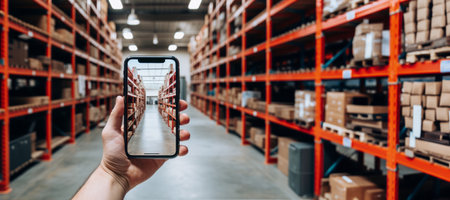 a hand with a phone takes pictures of the shelves with boxes in the warehouse .の素材