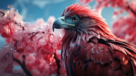 Portrait of an eagle in close-up. A bird of prey in close-up . A futuristic close-up image of an eagle on an abstract background. A bird of prey on a background of blue sky and branches of trees with pink flowers .の素材