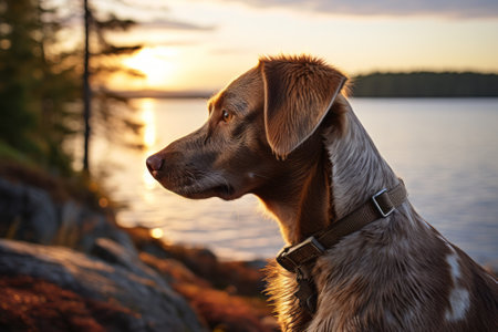The dog looks at the lake at sunrise. The dog looks at the water surface of the lake, the forest and the mountains. Traveling with animals. Copy space.の素材