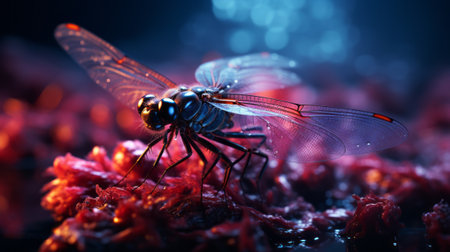 A futuristic image of a dragonfly on an abstract background in blue and pink tones. Copy space .の素材