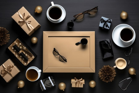 Top view of gift boxes, cups of coffee and holiday decorations on the black background. Cyber Monday, Black Friday, Christmas sale background with copy space. Online holiday shopping concept.の素材