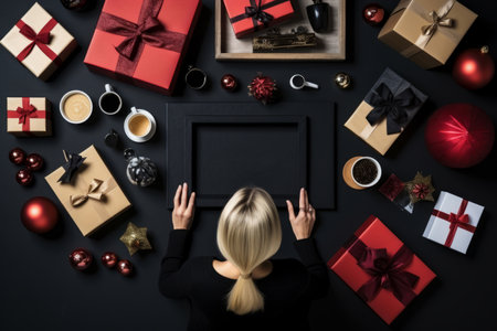Top view of blonde girl wrapping a gift box and many wrapped gift boxes on the black background. Cyber Monday, Black Friday, Christmas sale background with copy space. Online holiday shopping concept.の素材