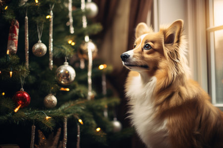 Close-up of cute dog sitting near Christmas tree in cozy living room. Anticipation of the New Year holidays.の素材