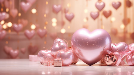 Pink glossy volumetric hearts, gift boxes, ribbons and burning candles against the blurred background with bokeh effect. Valentines Day concept.の素材