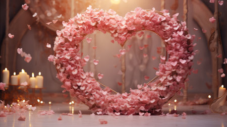 Pink volumetric heart, made ov flower petals and burning candles against the blurred background with bokeh effect. Valentines Day concept.の素材