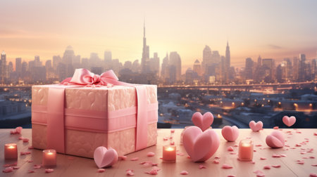 Pink volumetric hearts, gift box wrapped with pink ribbon, burning candles and rose petals against the backdrop of beautiful silhouette of a modern evening city. Valentines Day concept.の素材
