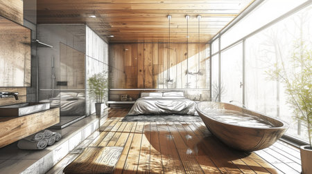 A hand-drawn sketch project of japandi wooden bedroom with free standing bathtub. Draft of unfinished project that becomes real. Interior design and creativity concept.の素材