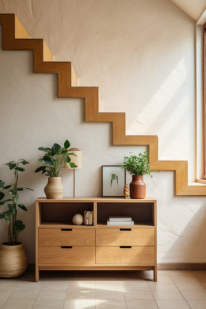 Wooden cabinet near white wall under the stairs in modern cottage. Indoor plants and accessories. Contemporary interior design.の素材