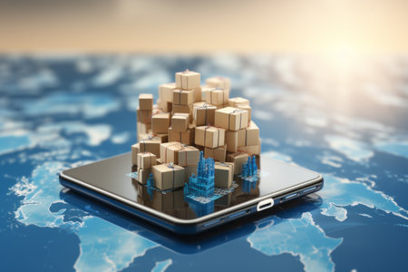 Stack of parcels standing on realistic smartphone screen. Online shopping and delivery, cargo management and tracking, logistic concept. 3D illustration.の素材