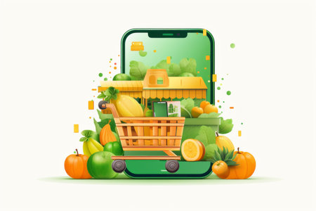Shopping cart with grocery and a smartphone with blank display mockup on white background. Food market online ordering and delivery concept. Drawing imitation.の素材