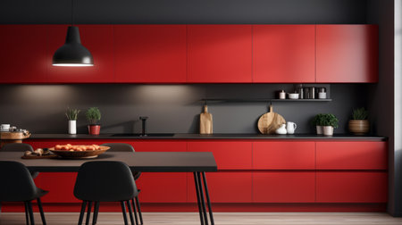 Interior of modern minimalist kitchen with red glossy cabinets. Wooden countertop with built-in sink, kitchen utensils, wooden dining table with setting, panoramic window.の素材