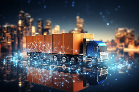 3D model of a big cargo truck loaded with containers against the backdrop of modern night cityscape. Online shopping and delivery, cargo management and tracking, logistics concept.の素材
