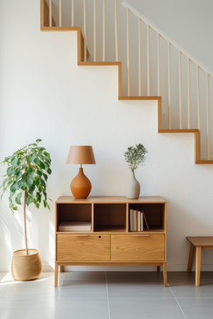 Wooden cabinet near white wall under the stairs in modern cottage. Indoor plants and accessories. Contemporary interior design.の素材
