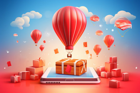 Cardboard boxes and parcels stand on a smartphone screen and around on red surface. Red balloons floating around in the air. Blue sky in the background. Online shopping, delivery and tracking concept.の素材