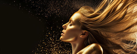 Close-up portrait of beautiful young woman with her skin and hair dyed gold. Seductive female model with long flowing hair and magical golden glow. Isolated on black background.の素材