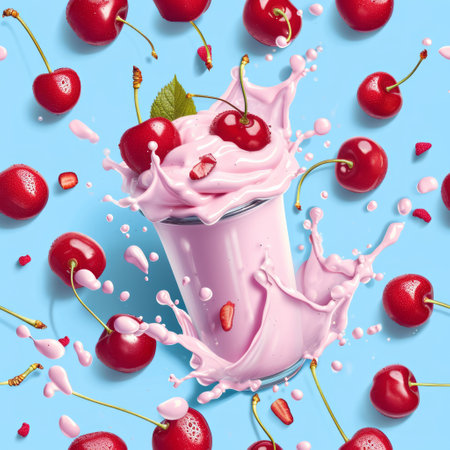 Cherry milkshake in elegant glass with splashes and many fresh cherries on the blue background.の素材