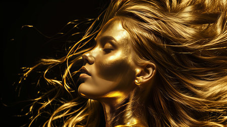 Close-up portrait of beautiful young woman with her skin and hair dyed gold. Seductive female model with long flowing hair and magical golden glow. Isolated on black background.の素材