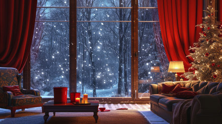 Interior of cozy living room with Christmas decor in cottage. Elegant sofa, red curtains, panoramic floor-to-ceiling window with scenic snowy winter forest view and reflections of festive fireworks.の素材