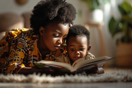 Young beautiful African American mother lying on floor and reading a book for her little son. Charming mom and cute boy enjoy their time together at home, have fun and learn.の素材