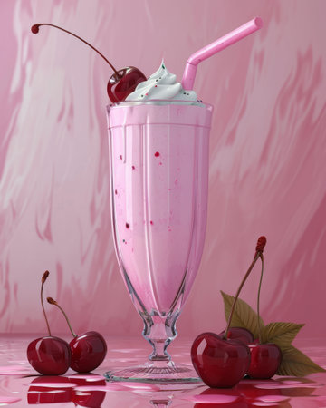 Cherry milkshake in elegant glass decorated with fresh ripe cherries and cocktail straws. Pink background, copy space.の素材