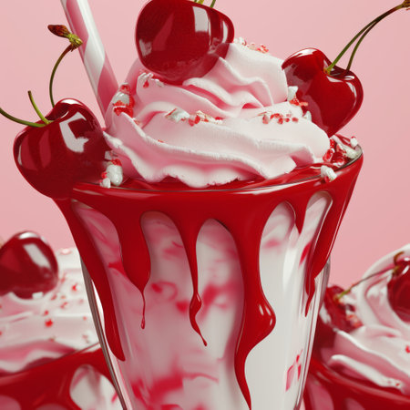 Close-up of cherry milkshake in elegant glass decorated with whipped cream, fresh ripe cherries, red topping and cocktail straws. Pink background.の素材