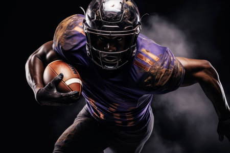 A football player in a dirty purple uniform running with an American football ball on a black background.の素材