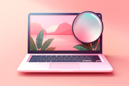A laptop computer on a pastel pink background, with a place for writing on the display, screen. The concept of modern computer technology . Mockup . Copy space .の素材
