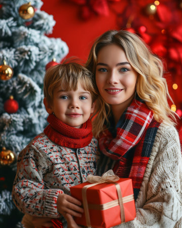 Close-up portrait of beautiful Caucasian mother and her little son in knitted sweaters with gift boxes near the Christmas tree. Cheerful mom and cute child exchange gifts. Morning Christmas.の素材
